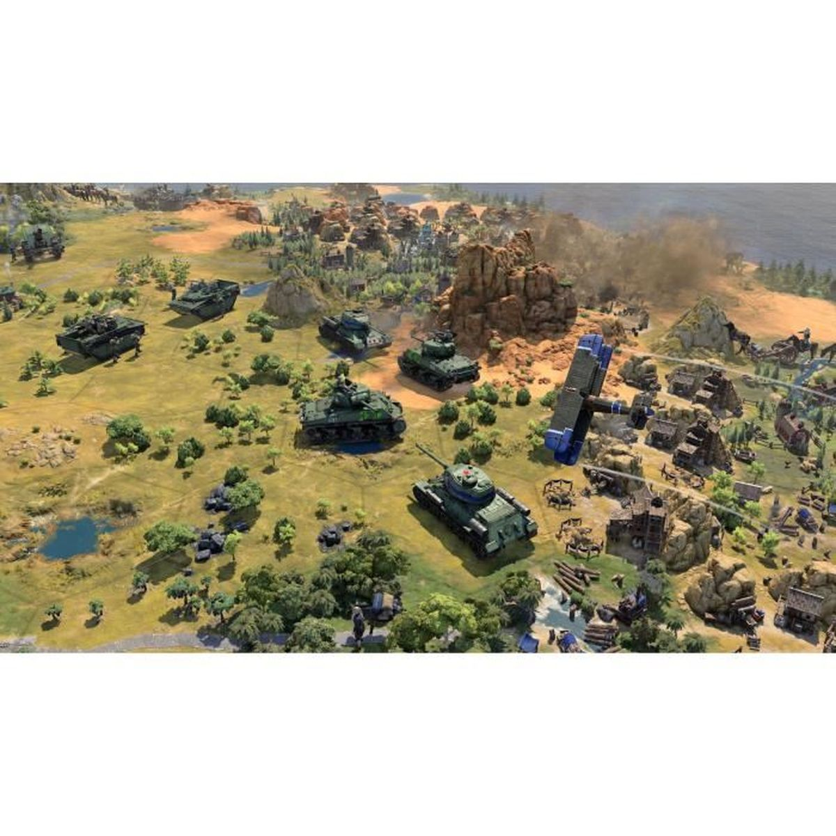 Una scena di gioco di strategia con carri armati, edifici e una grande struttura volante, in un paesaggio di colline e acqua.