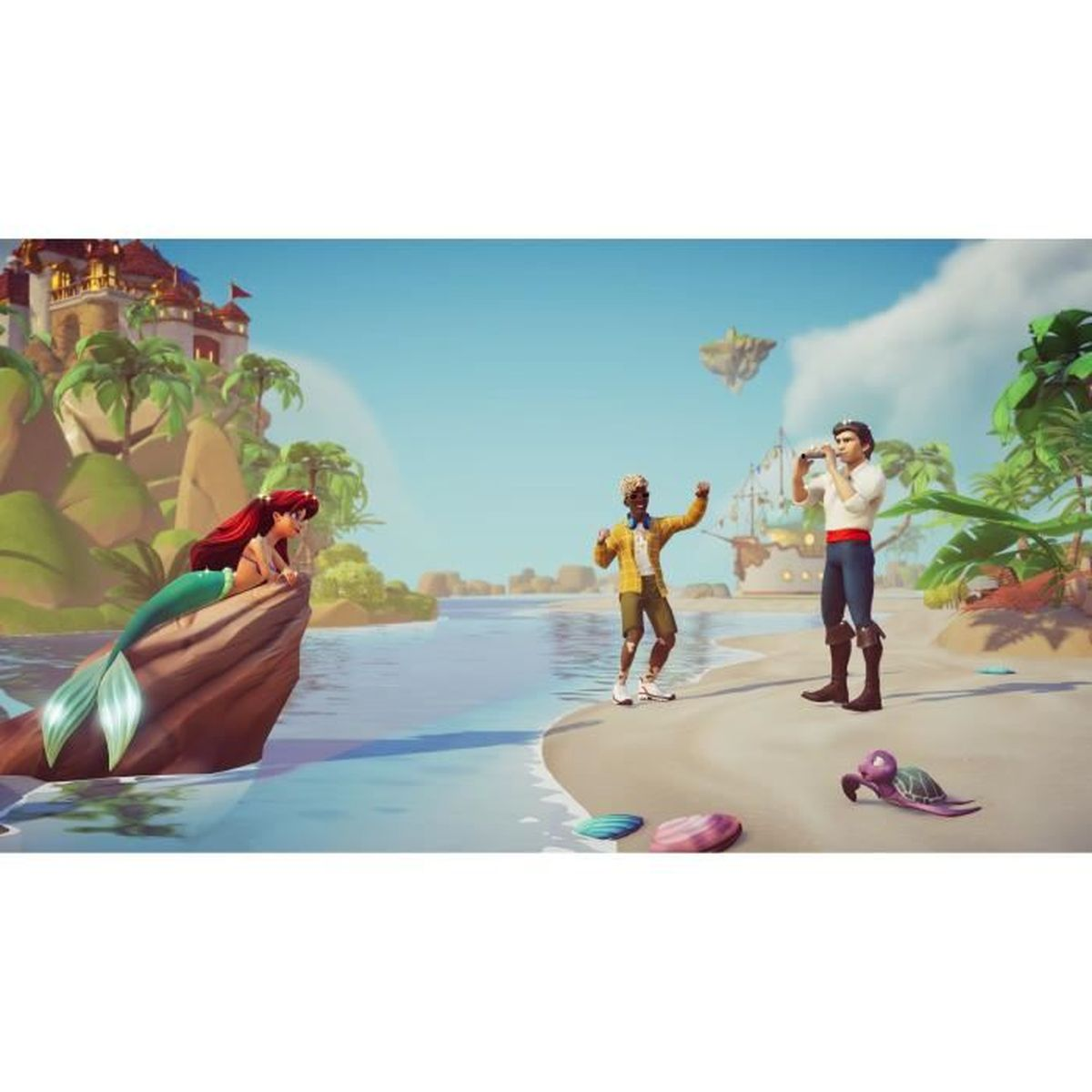 Ariel siedzi na skale, a dwóch mężczyzn stoi na plaży. Żółw i muszle są na pierwszym planie. Zamek jest w tle.