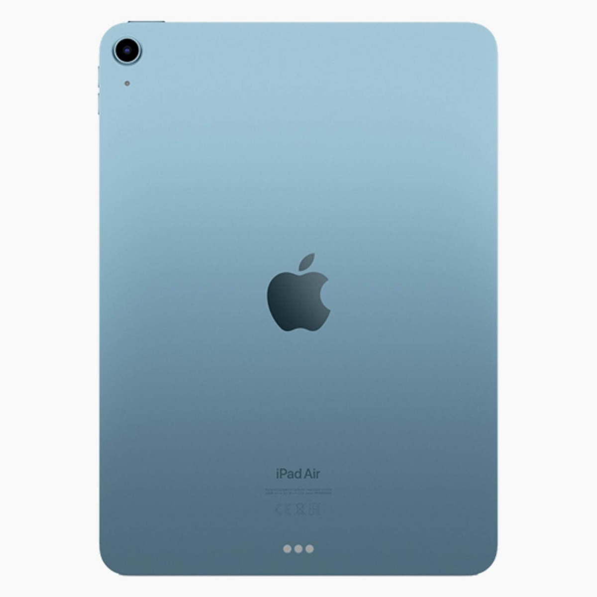 Retro di un iPad Air blu. Caratteristiche: fotocamera, logo Apple e testo che dice iPad Air. Tre punti in basso.