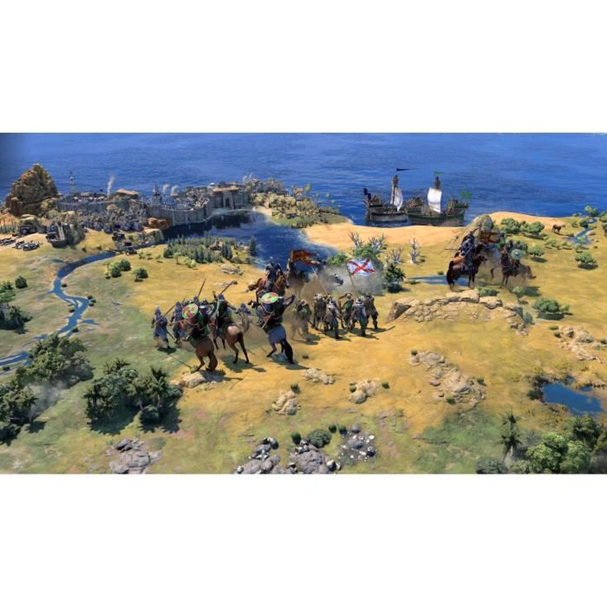 Una scena di gioco di strategia raffigura una battaglia con soldati a cavallo, navi e una città sul mare. Le bandiere sono visibili.