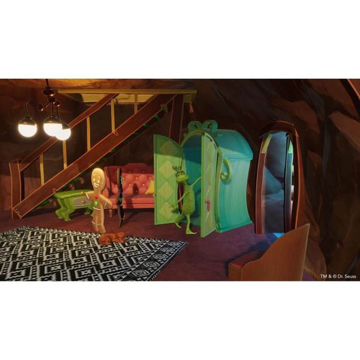 Una scena dei cartoni animati con il Grinch e l'omino di pan di zenzero. C'è un divano rosso, una scrivania verde e un tappeto fantasia.