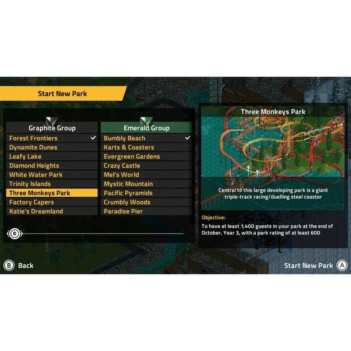 Menu gry pokazuje opcje parku, w tym Three Monkeys Park. Cel: 1400 gości do roku 3. Zawiera obraz kolejki górskiej.