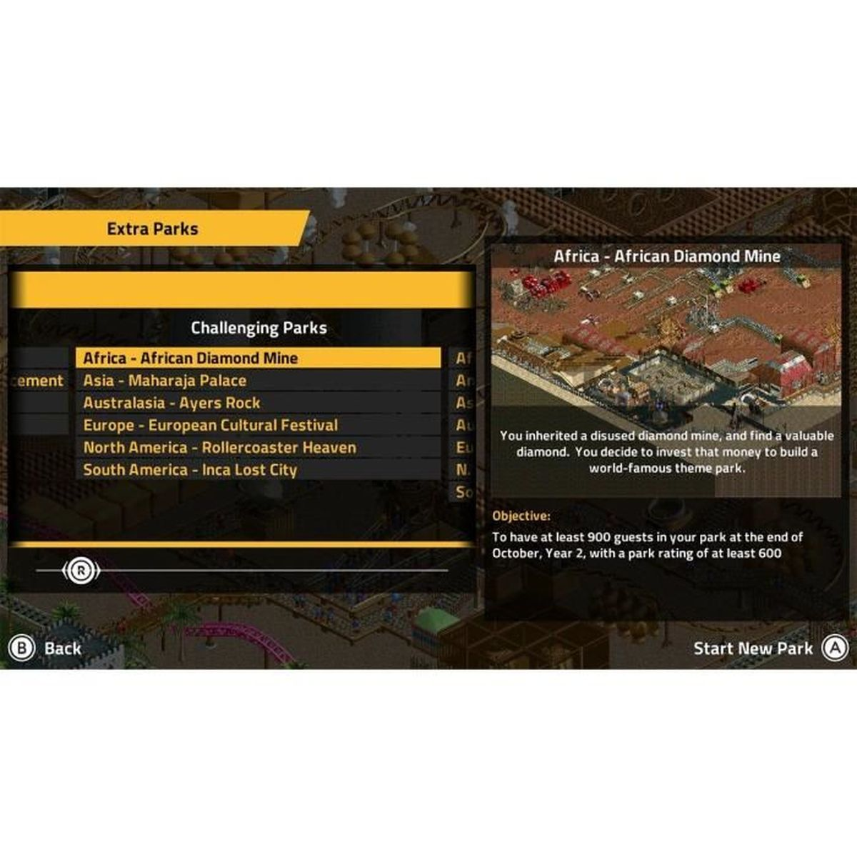 Menu gry pokazuje opcje parków, z podświetlonym 'Africa - African Diamond Mine'. Widoczna jest również mapa kopalni diamentów.