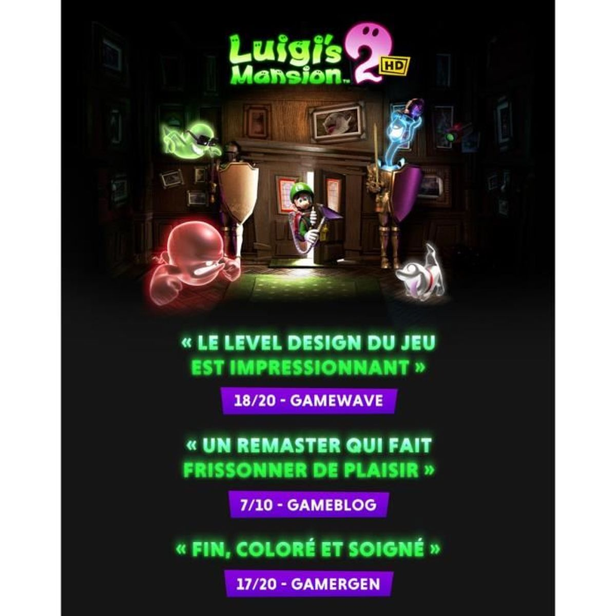 Plakat do gry Luigi's Mansion 2 HD. Luigi w drzwiach, z duchami i tarczami. Tekst na dole zawiera oceny i komentarze.