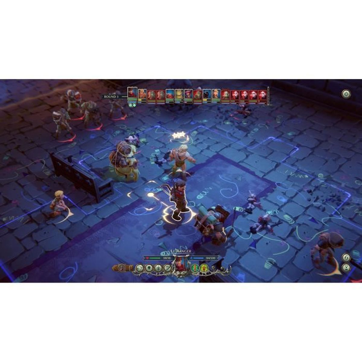 Scena taktycznej gry RPG. Postacie walczą na podłodze z niebieskiego kamienia. Paski zdrowia i elementy interfejsu użytkownika są widoczne.