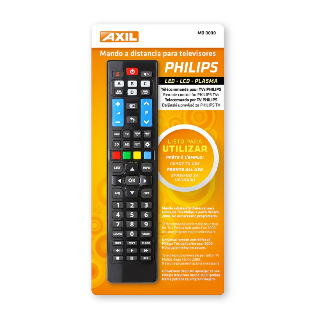 Un mando a distancia de TV Philips en un paquete negro y amarillo. Los botones incluyen números, volumen y controles de canal.