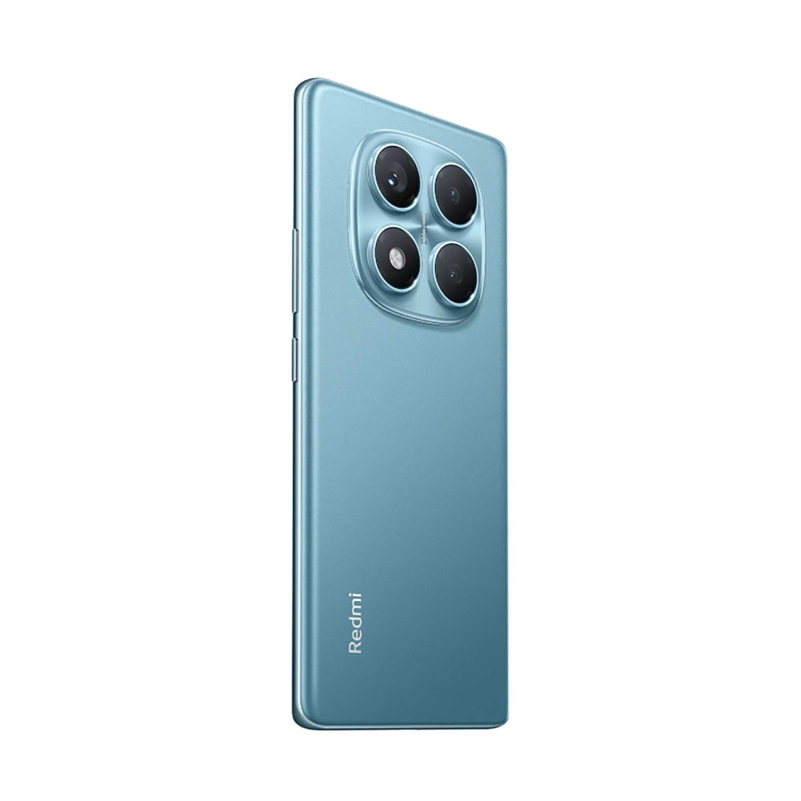 Mavi Redmi telefon, dört arka kamera. Şık tasarım, beyaz zemin üzerinde dikey yönlendirme. Redmi logosu görünür.