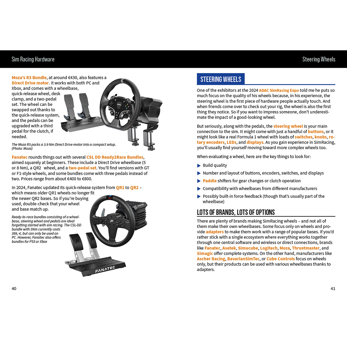 Das Bild zeigt Sim-Racing-Hardware: Lenkräder, Pedalsets und Radbasen. Text beschreibt Marken und Funktionen.