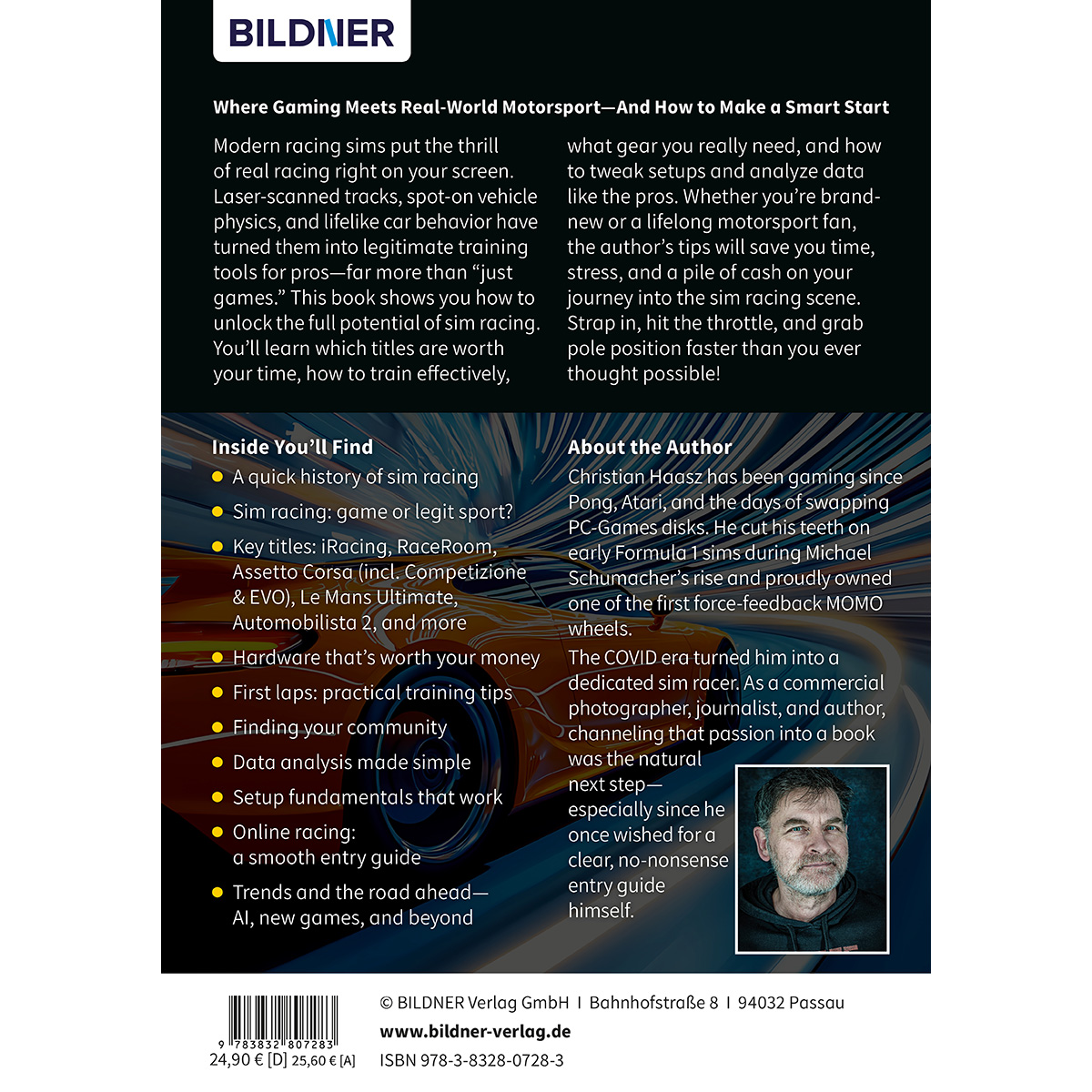 Buchcover über Sim-Racing. Es gibt Text und ein Bild eines Mannes.