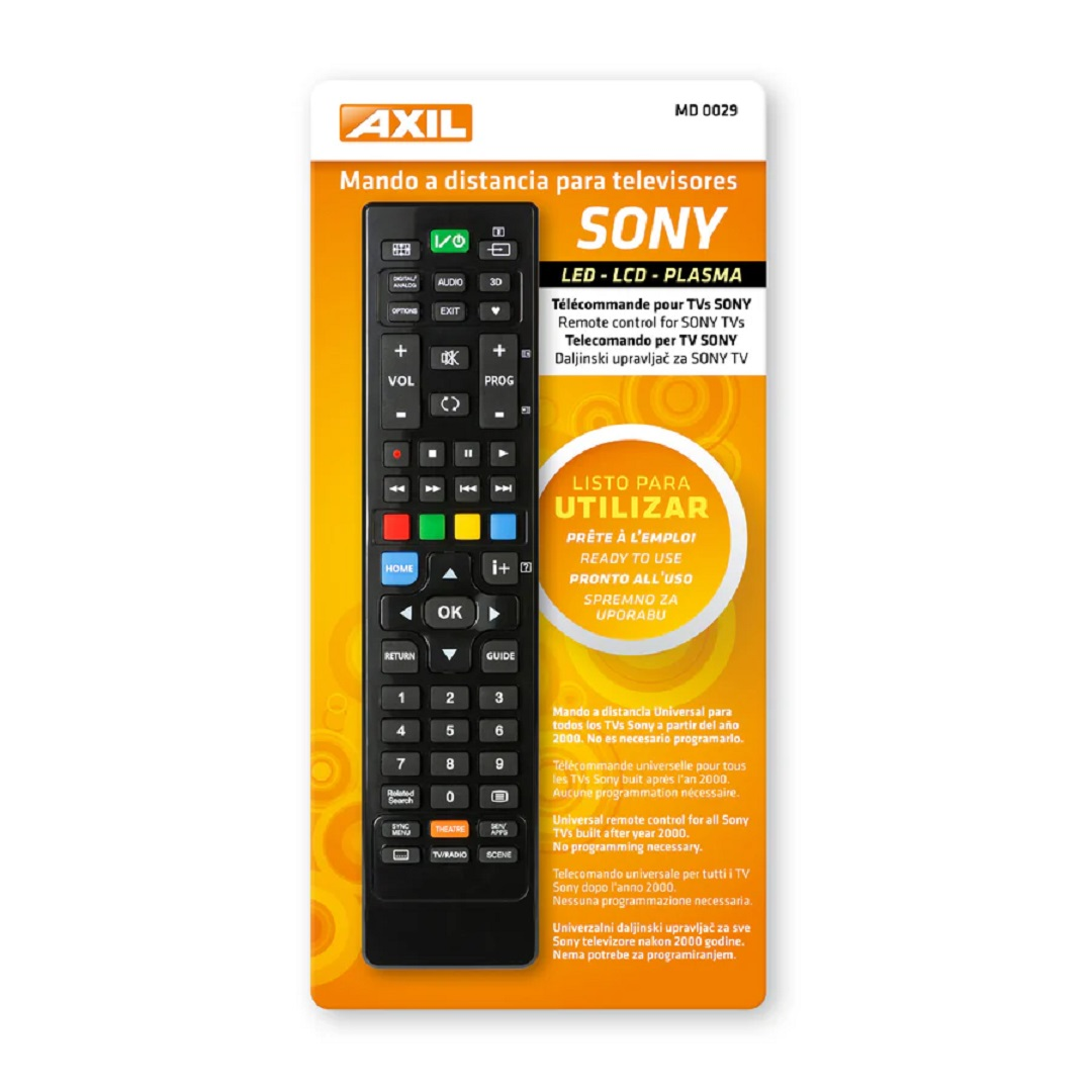 Un mando a distancia negro de Sony para TV se muestra en un paquete. Tiene muchos botones, incluyendo volumen, canal y números.