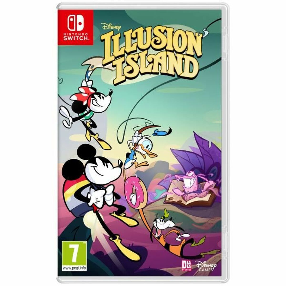 Pudełko gry Nintendo Switch. Myszka Miki, Kaczor Donald i Goofy na okładce Illusion Island. Obecne kolory zielony, fioletowy i różowy.