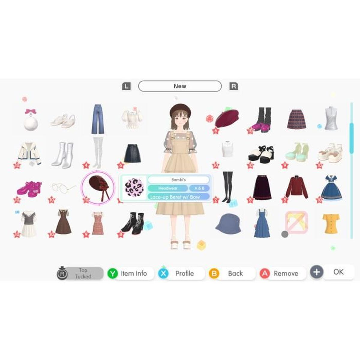 Eine Mode-App-Oberfläche zeigt Kleidung an. Eine Figur trägt ein Kleid und eine Baskenmütze. Artikel wie Röcke, Schuhe und Oberteile sind abgebildet.