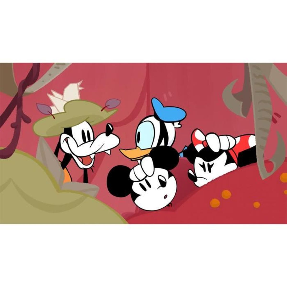 Goofy, Kaczor Donald, Myszka Miki i Myszka Minnie są razem. Znajdują się w czerwonym otoczeniu w stylu kreskówkowym.