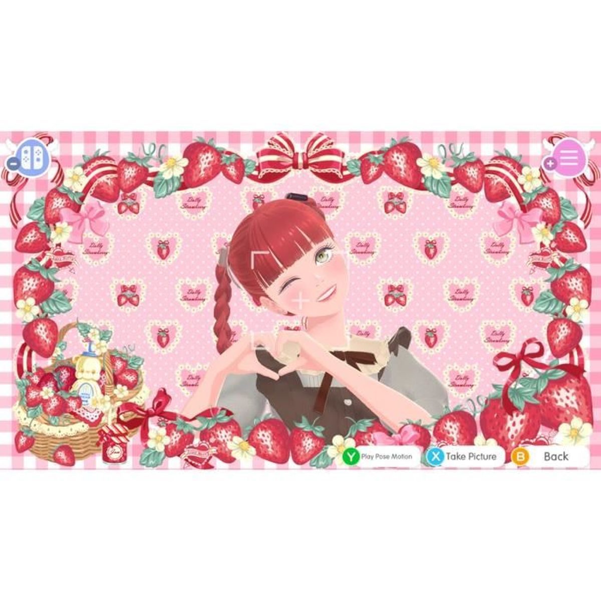 Anime-Mädchen zwinkert, formt Herz mit Händen, umgeben von Erdbeeren und rosa Herzen. Hintergrund ist Erdbeere.