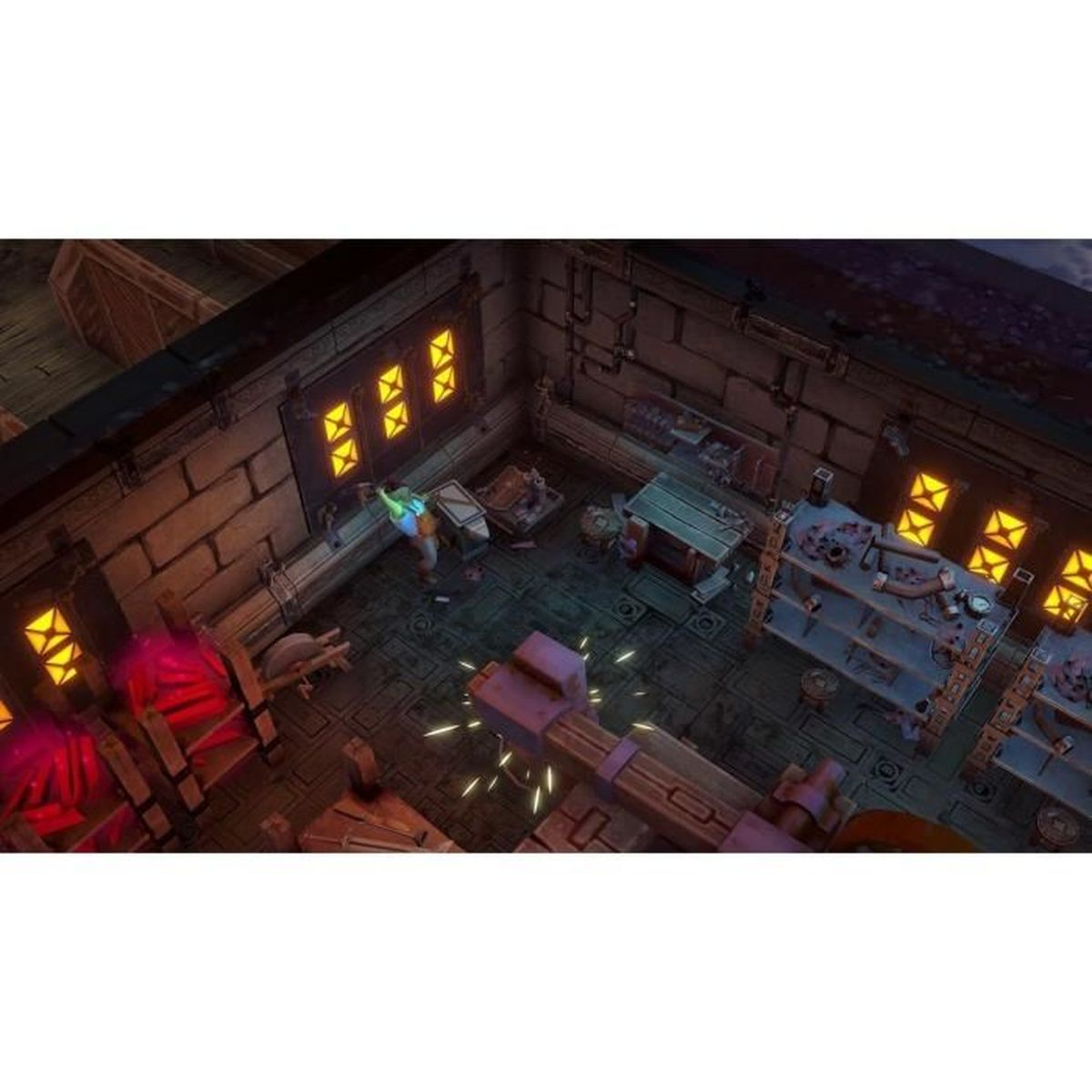 Una scena di gioco con un personaggio in un'officina. Tavoli, strumenti e luci sono visibili, in una stanza con pareti di pietra. Scintille volano.