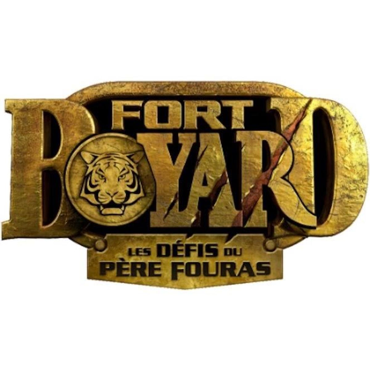 Il logo di Fort Boyard. Scritta dorata su sfondo dorato. Una testa di tigre è nella lettera O. Testo in francese in basso.