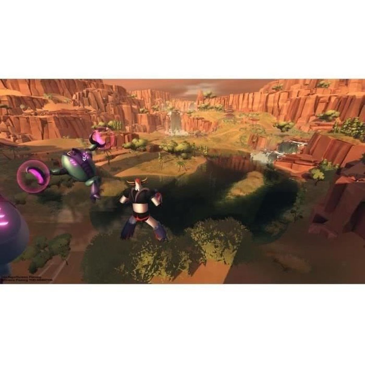 Due robot combattono sopra un canyon. Uno è verde e viola, l'altro nero e rosso. Il canyon ha cascate e rocce rosse.