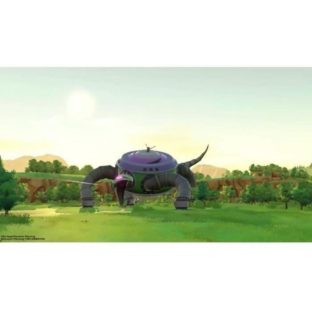 Un robot dei cartoni animati con le gambe è in un campo erboso. Ha una parte superiore viola e un corpo verde. Alberi e montagne sullo sfondo.