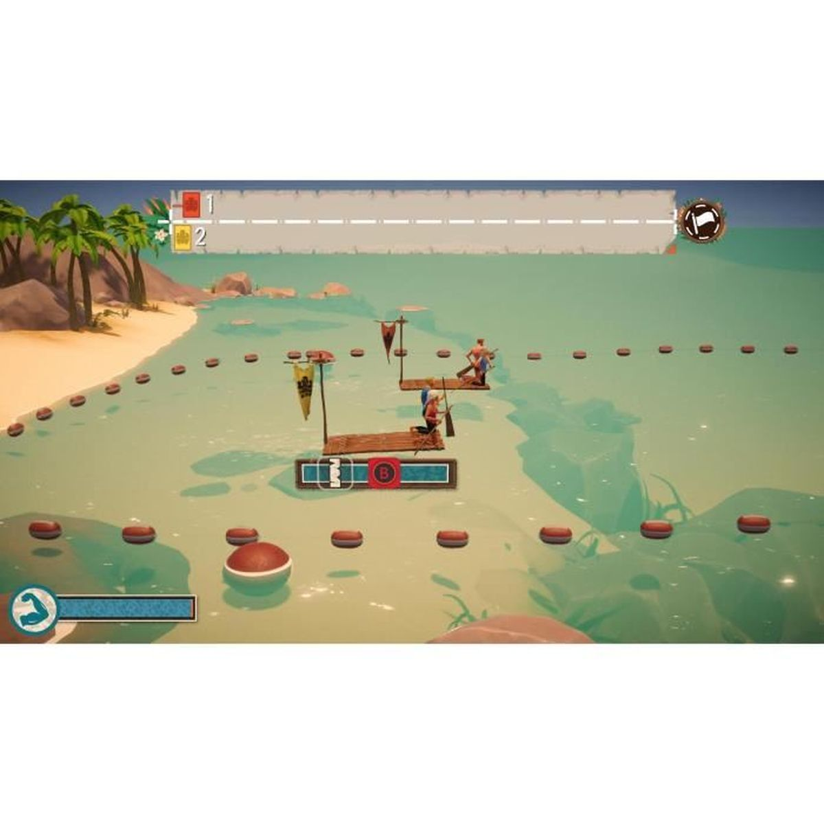 Una scena di gioco con zattere, bandiere e personaggi in un ambiente acquatico. Sulla sinistra c'è una spiaggia con palme.