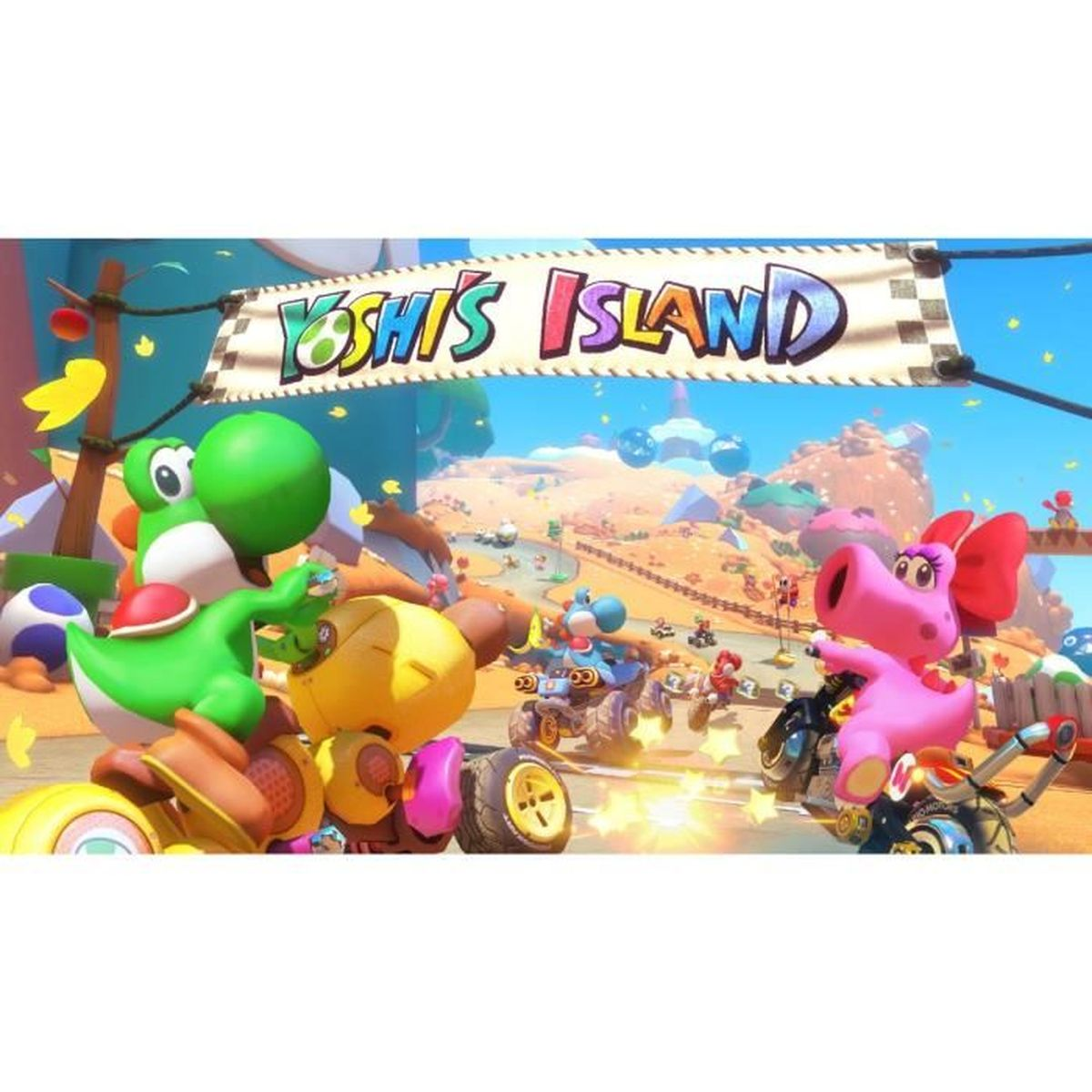 Obraz z gry Yoshi's Island. Yoshi, żółta postać i różowa postać na gokartach w wyścigu. Tło przedstawia tor i niebo.