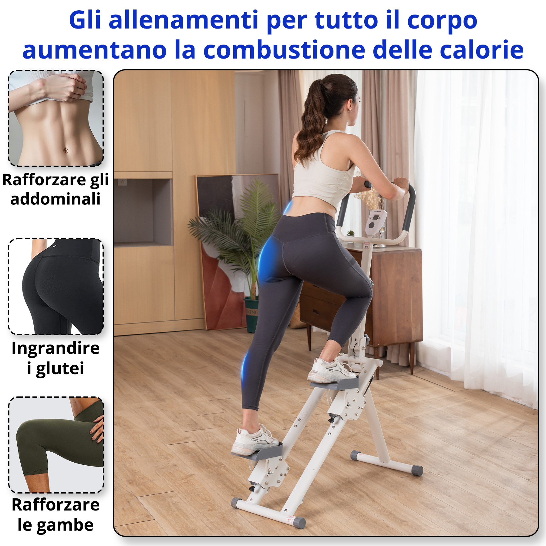 Donna che si allena su uno stepper. Include immagini di addominali, glutei e gambe. Il testo afferma che gli esercizi aumentano il consumo di calorie.