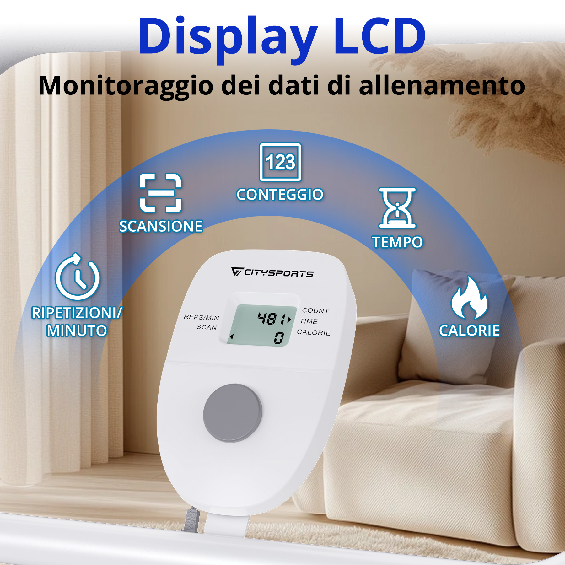 Display bianco della macchina da allenamento che mostra i dati. Include tempo, calorie e ripetizioni. Lo sfondo mostra un divano.