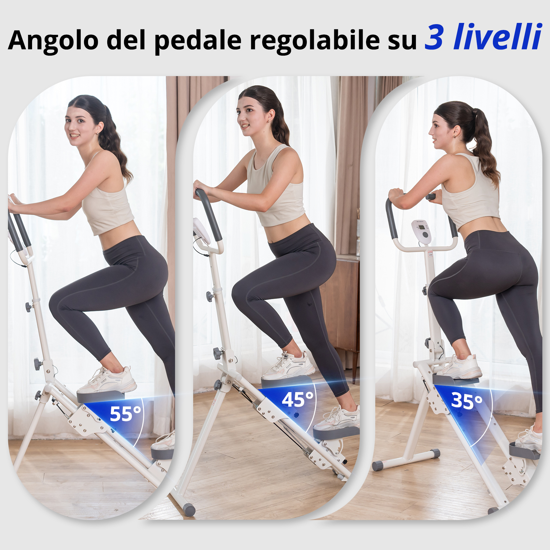 Tre donne si esercitano su macchine a pedali regolabili. Angoli visualizzati: 55°, 45° e 35°. Il titolo dice 'Angolo del pedale regolabile su 3 livelli'.