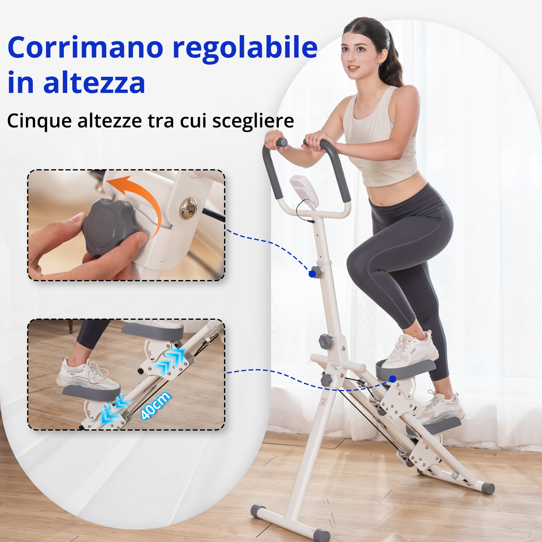 Donna su macchina da ginnastica, dettagli del corrimano regolabile e dei pedali. Il testo in italiano evidenzia la regolabilità.