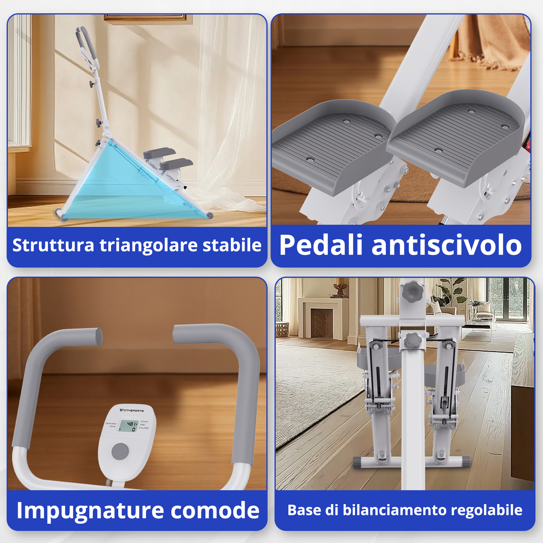 Un attrezzo ginnico con struttura triangolare, pedali antiscivolo, maniglie comode e base regolabile. È visibile un display digitale.