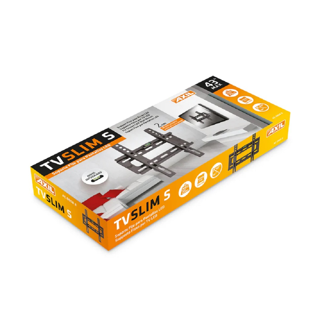 Una caja de soporte de pared para TV, marca TVSLIM S, con un soporte de pared negro en el interior. La caja es naranja, con texto e imágenes.