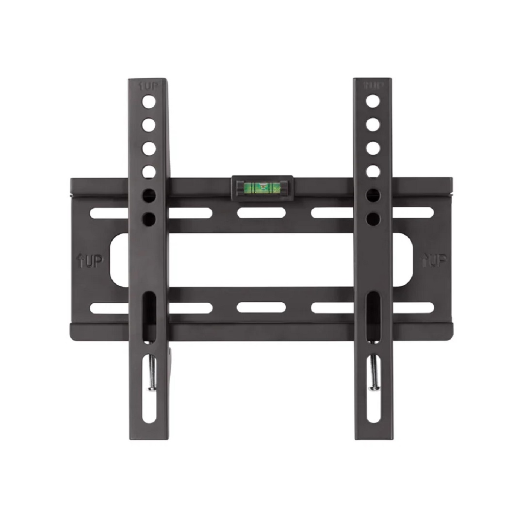 Un soporte de pared para TV negro con dos rieles verticales y un soporte horizontal. Tiene un nivel y orificios de montaje.