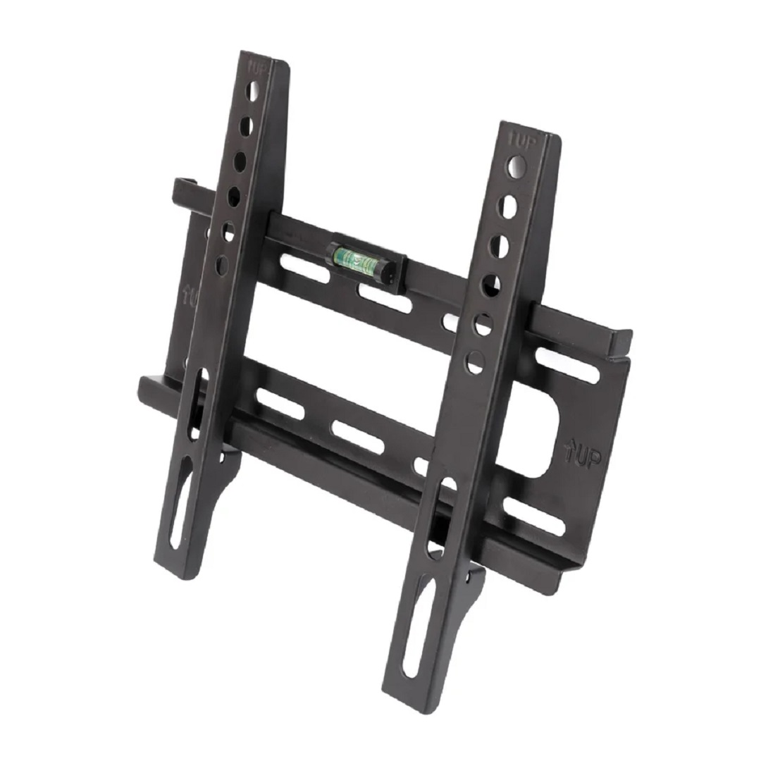 Un soporte de pared para TV negro con nivel. Tiene múltiples agujeros y ranuras para ajustes. La palabra 'UP' es visible en el soporte.