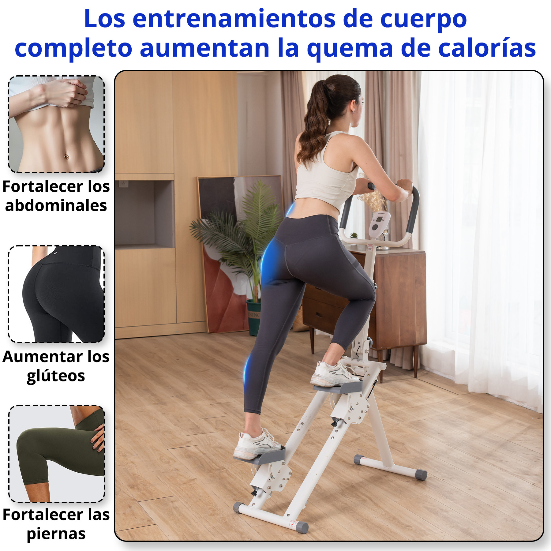 Mujer haciendo ejercicio en una máquina de step. La imagen también muestra ejercicios de abdomen, glúteos y piernas.