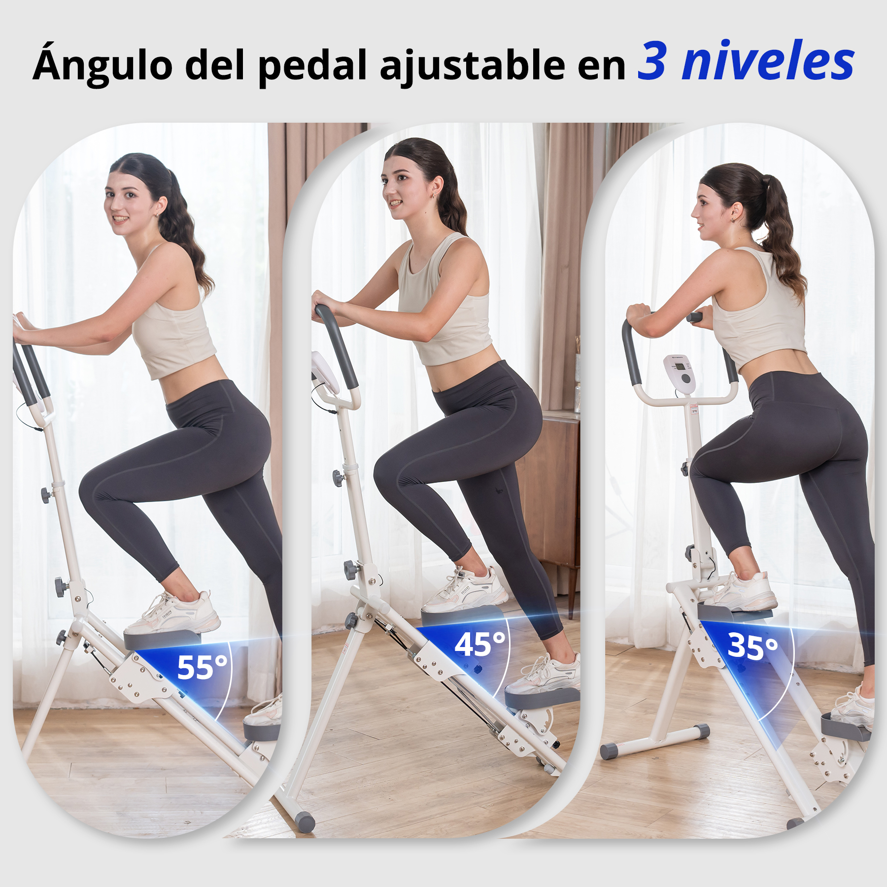 Tres mujeres en escaladores de pedal ajustables. Los ángulos son 55°, 45° y 35°. El fondo tiene una ventana y cortinas.