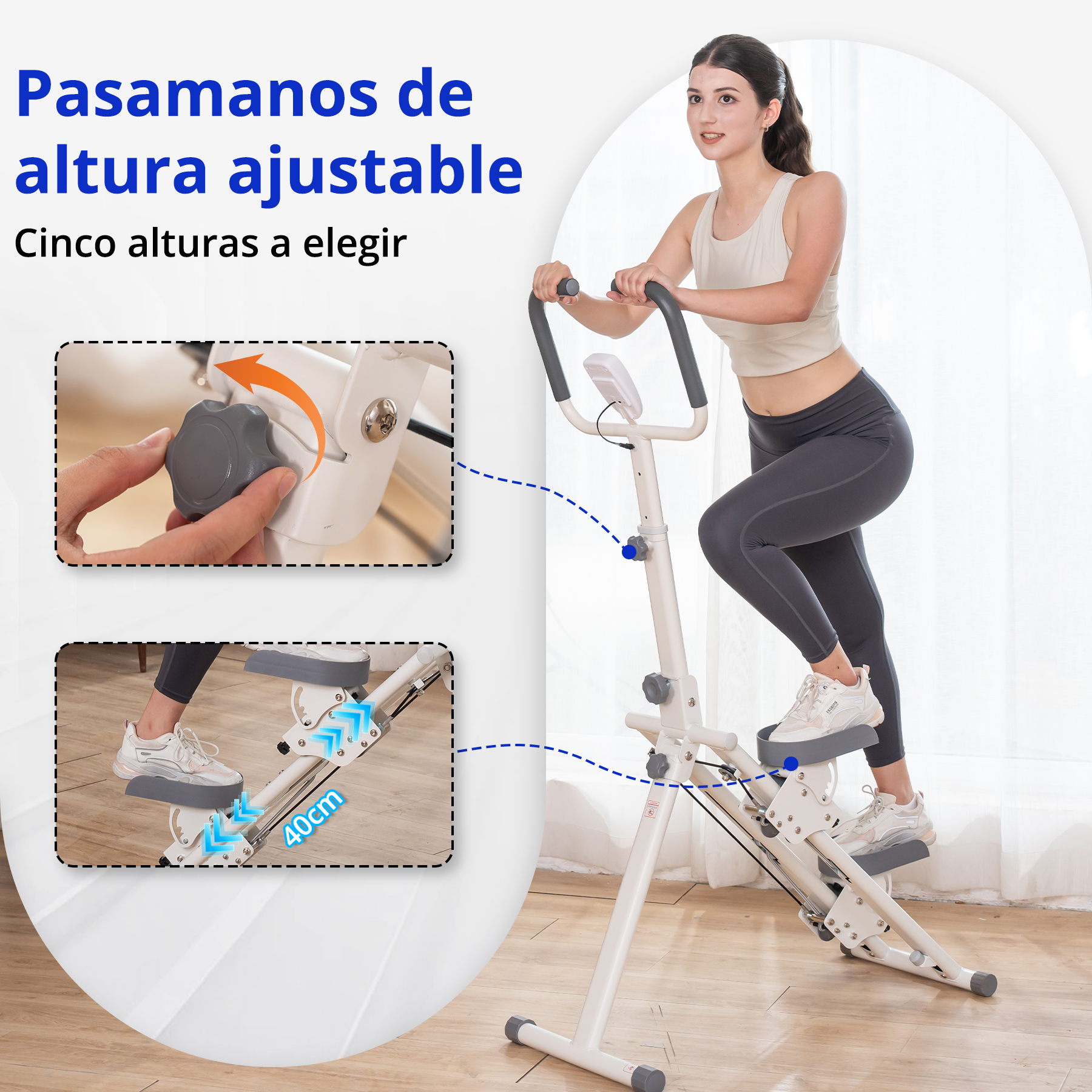 Una mujer se ejercita en una máquina de step blanca. La máquina tiene pasamanos y reposapiés ajustables. Los insertos muestran detalles.