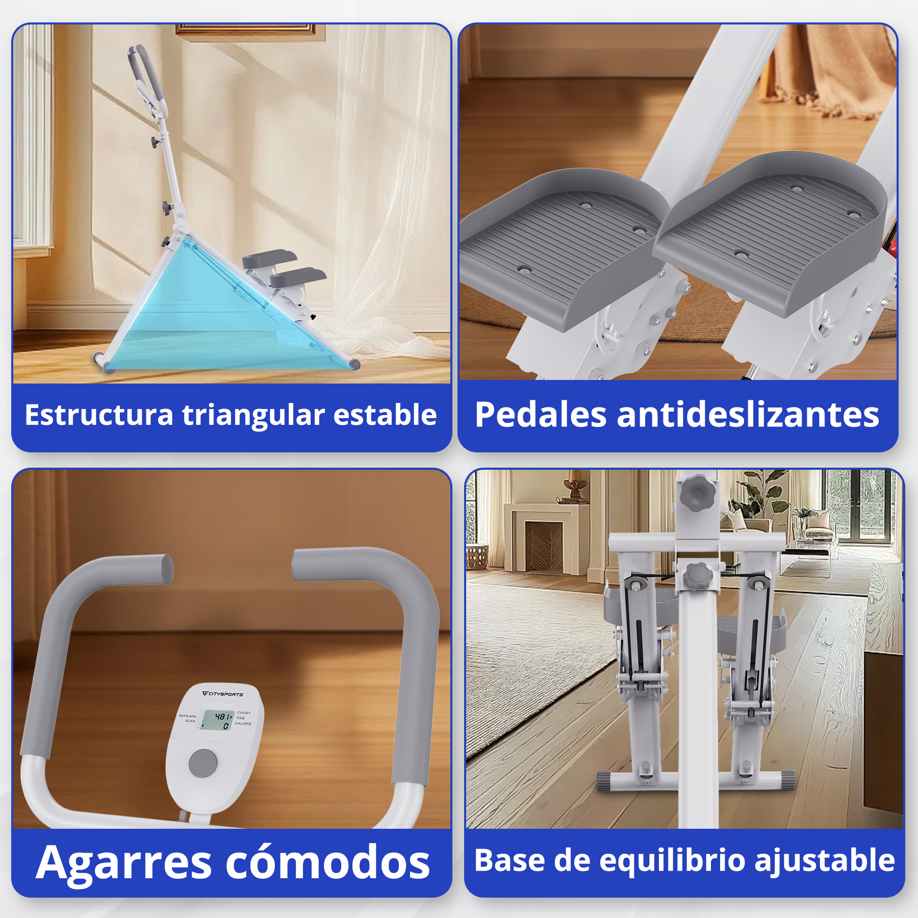Una máquina de ejercicios con marco blanco, asas y reposapiés grises y una pantalla electrónica.