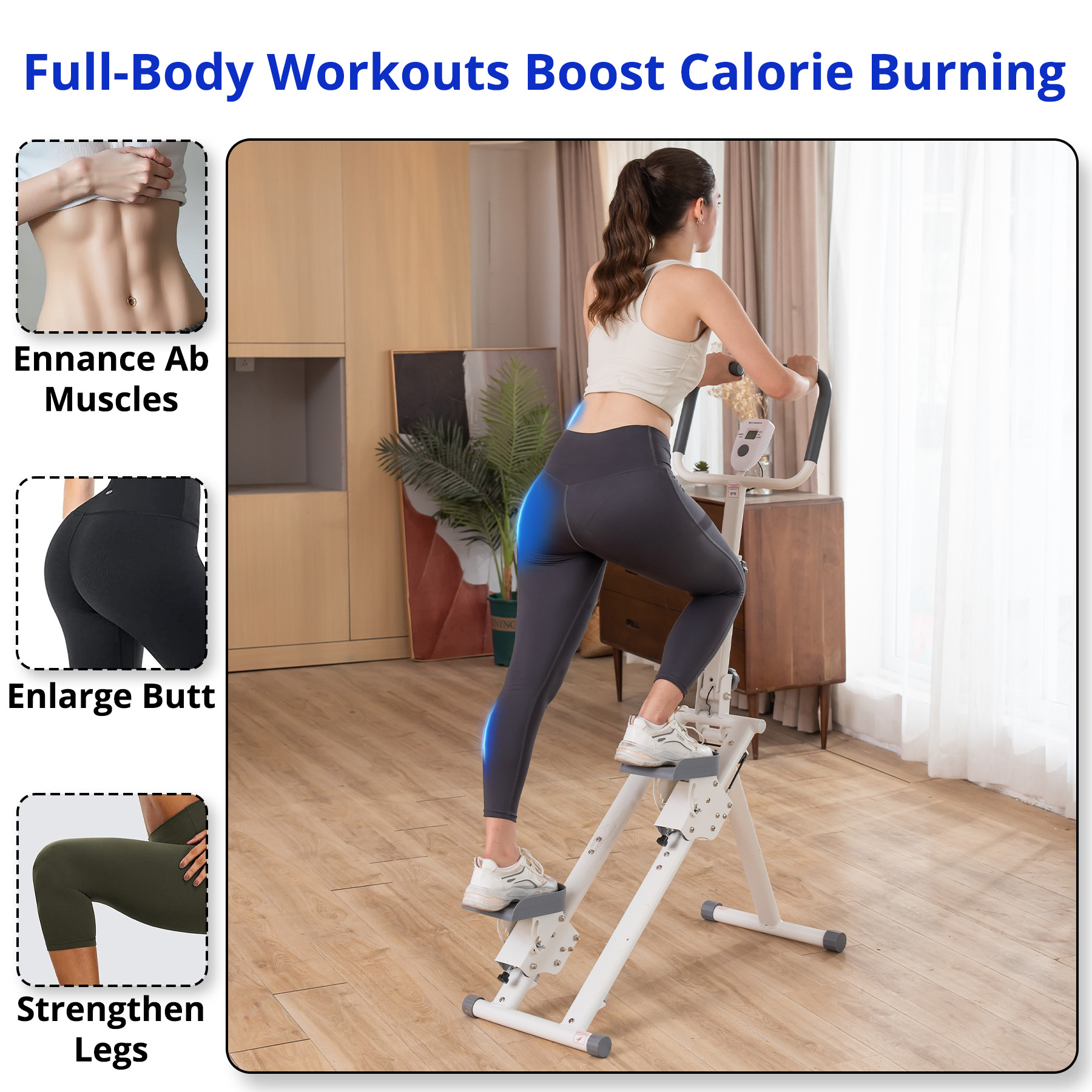 Woman using a stepper machine indoors. Text on top says: Full-Body Workouts Boost Calorie Burning.