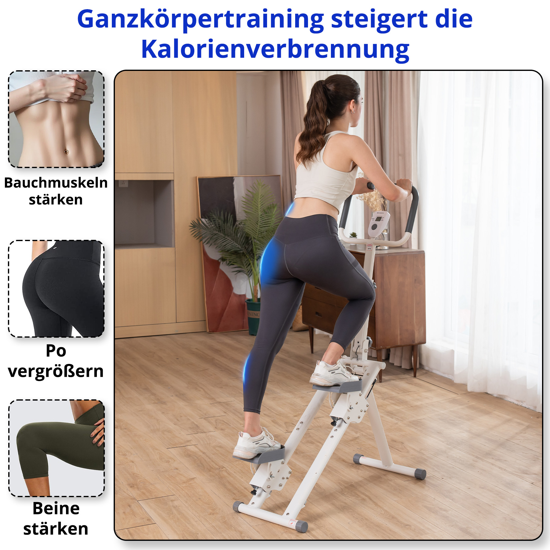 Frau auf Stepper-Maschine. Text sagt 'Ganzkörpertraining steigert Kalorienverbrauch'. Bilder zeigen Muskelaufbau.