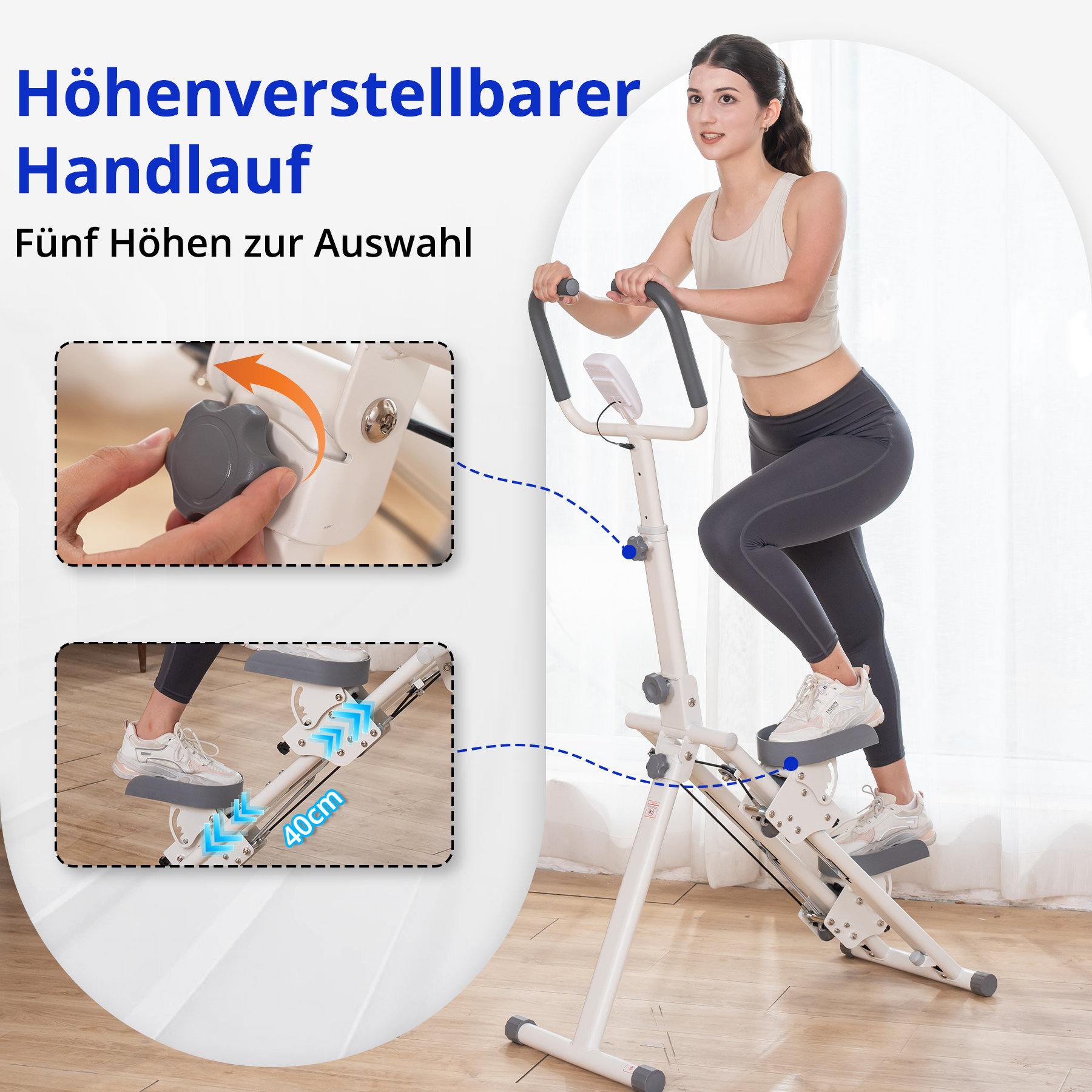 Eine Frau trainiert auf einem weißen Trainingsgerät. Die Maschine hat verstellbare Griffe und Fußstützen. Es gibt Nahaufnahmen.