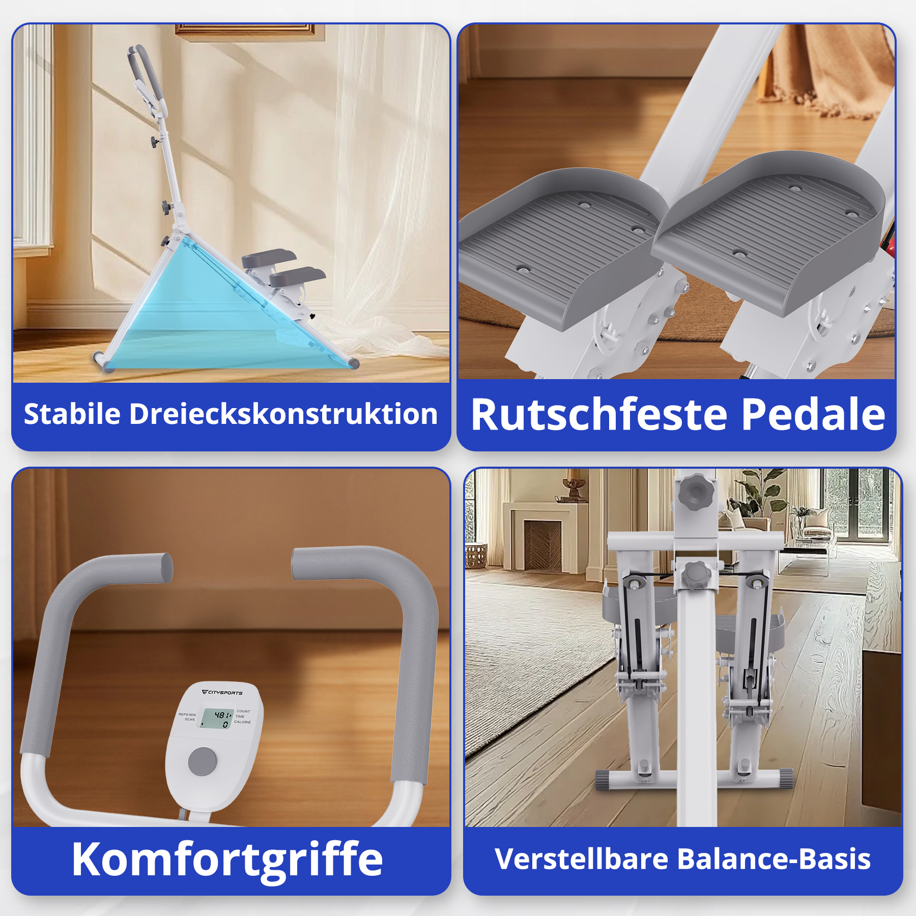 Ein Trainingsgerät mit dreieckigem Rahmen, rutschfesten Pedalen, bequemen Griffen und verstellbarer Balancebasis.