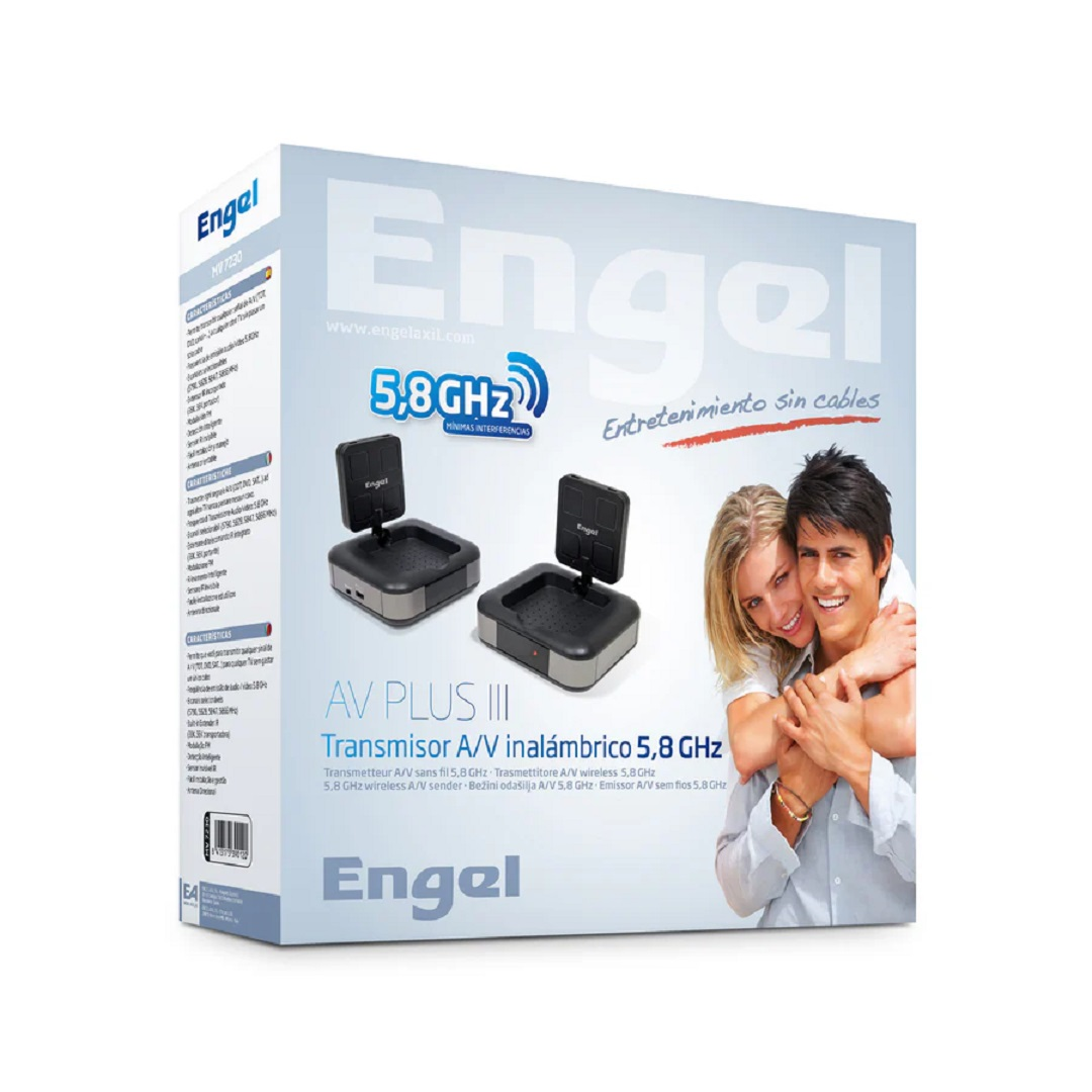 Caja de Engel AV PLUS III, transmisor A/V inalámbrico de 5,8 GHz. Una pareja se abraza a la derecha. Dos dispositivos negros en el centro.