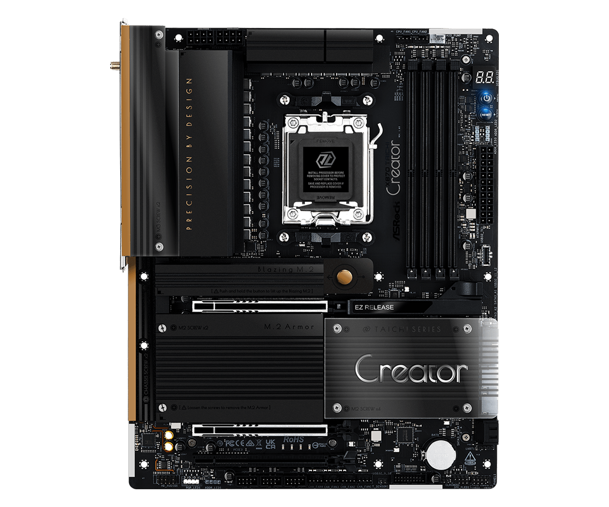 Una scheda madre di computer nera con accenti dorati. Include socket CPU, slot RAM e vari connettori etichettati.