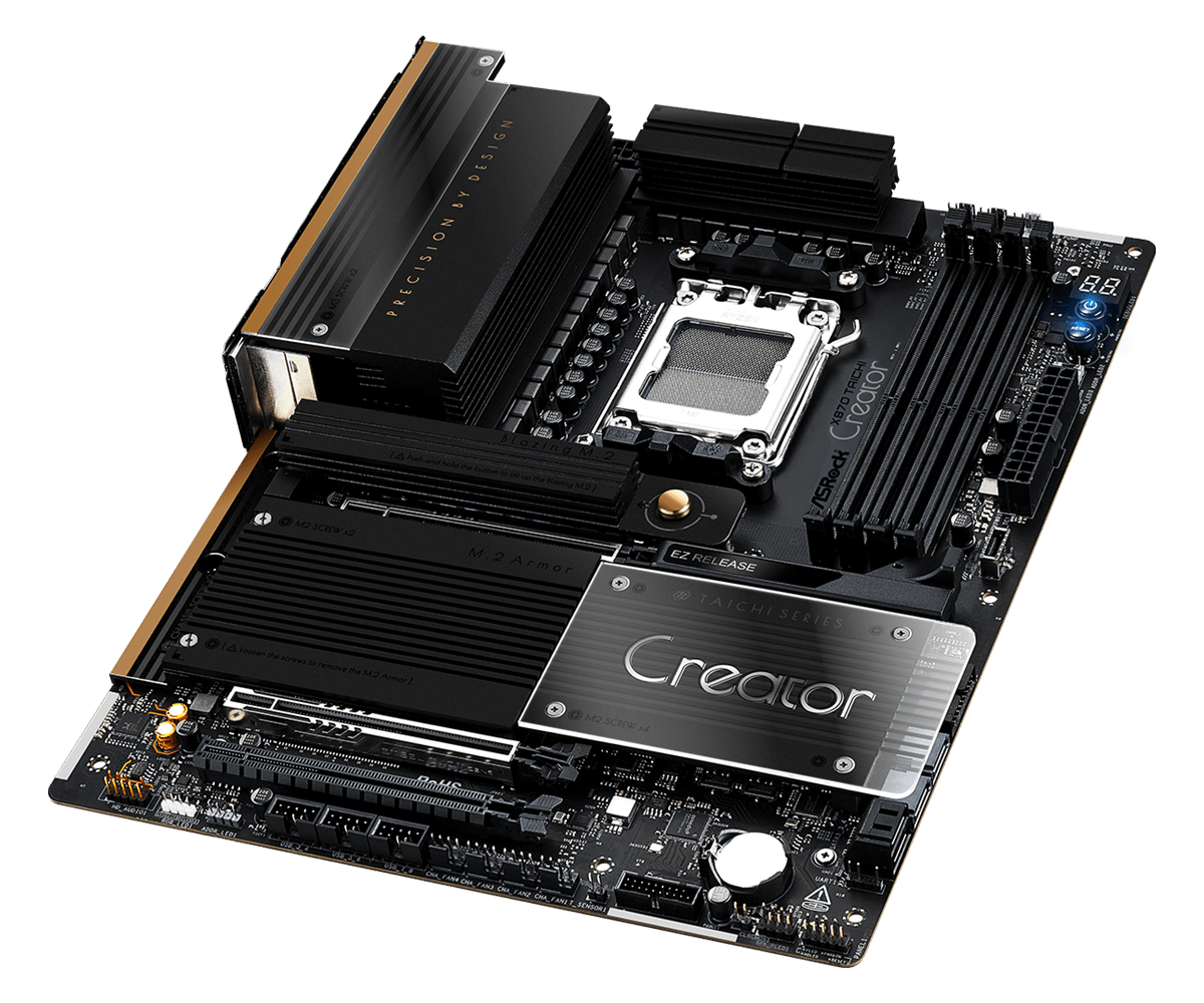 Una scheda madre di computer nera e dorata con più componenti, tra cui un socket CPU, dissipatori di calore e slot di espansione, è mostrata su bianco.