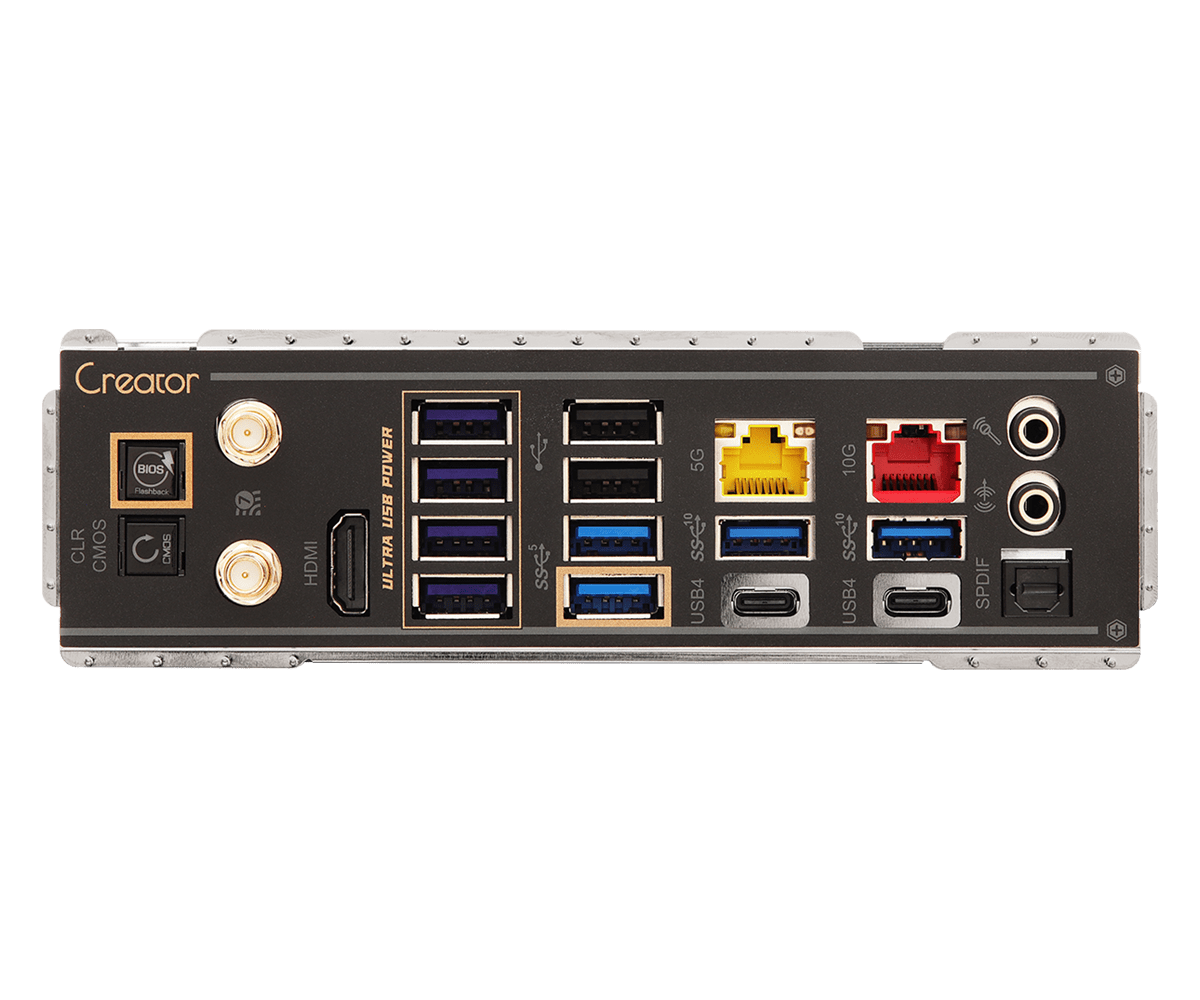 Pannello posteriore di una scheda madre del computer. Dispone di porte, tra cui USB, HDMI e jack audio, con il logo 'Creator'.