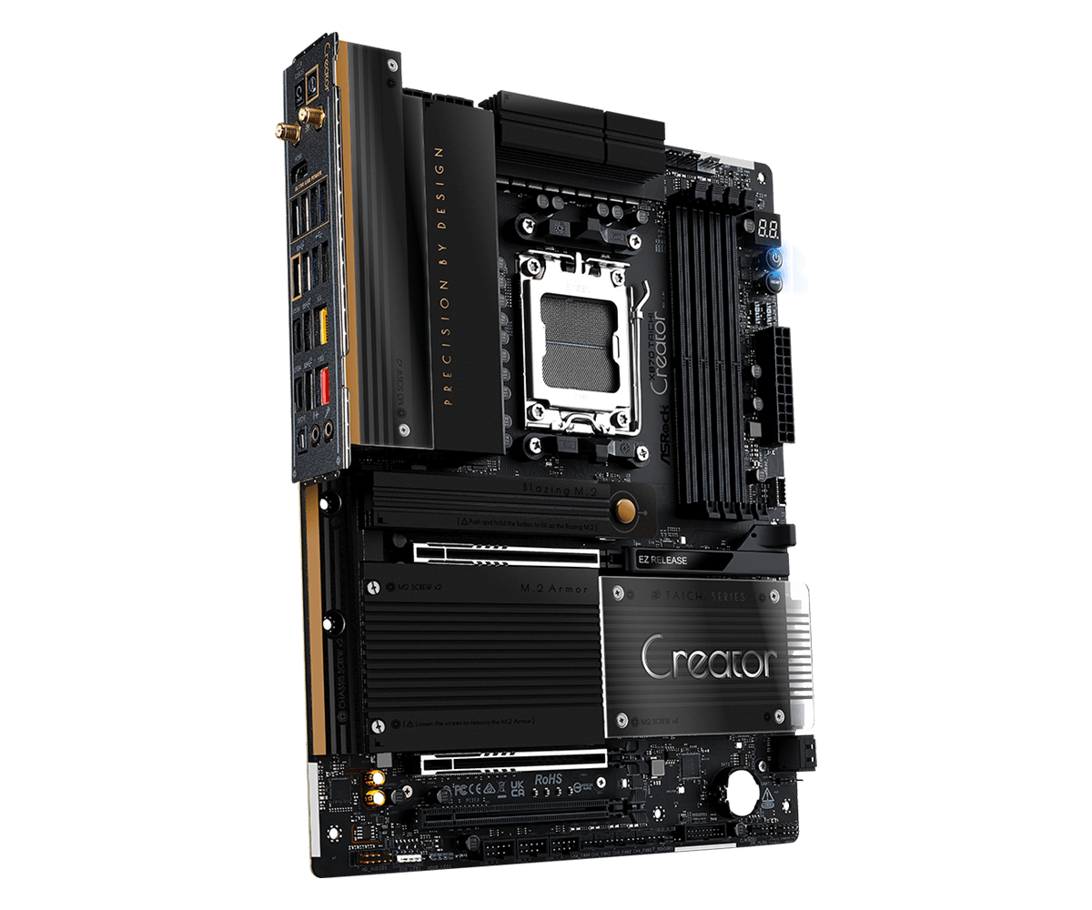 Una scheda madre per computer nera con dettagli dorati. Include il socket CPU, gli slot RAM e varie porte e connettori.