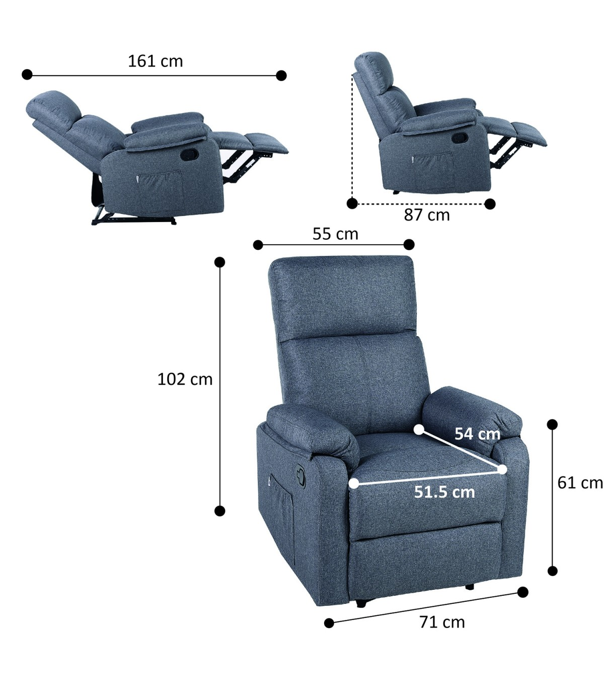 Sillón reclinable azul con dimensiones: 161cm, 102cm, 87cm, 55cm, 54cm, 61cm, 51.5cm y 71cm.
