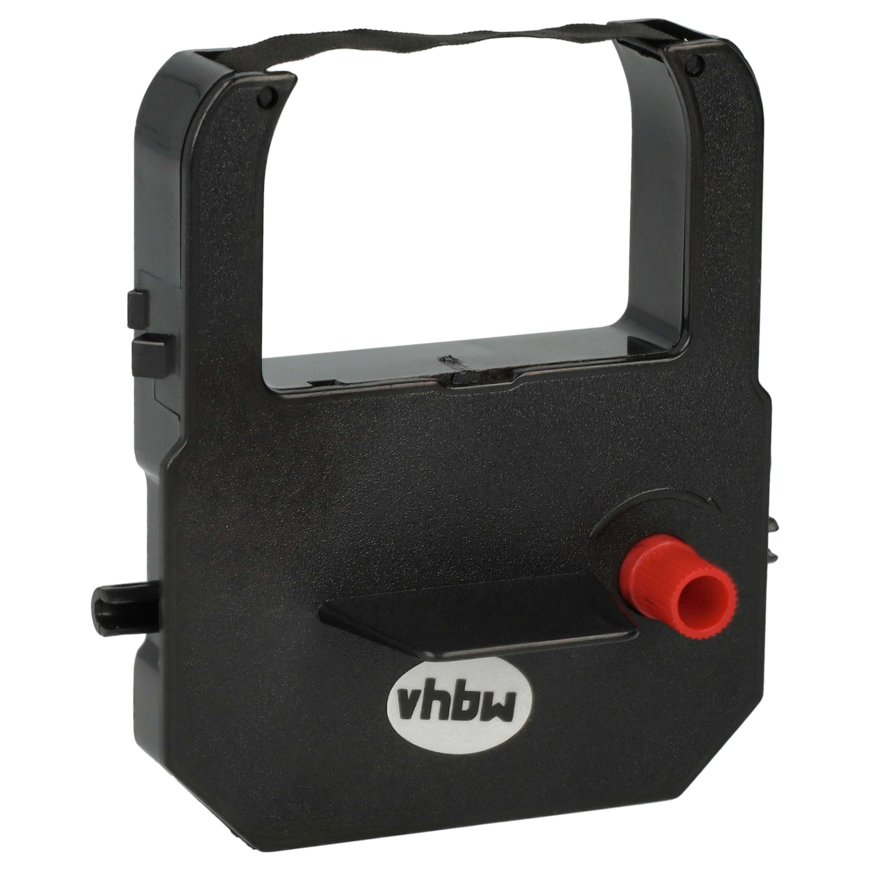 Eine schwarze Druckerbandkassette mit rotem Knopf. Weißer Hintergrund. Auf der Patrone stehen die Buchstaben vhbw.