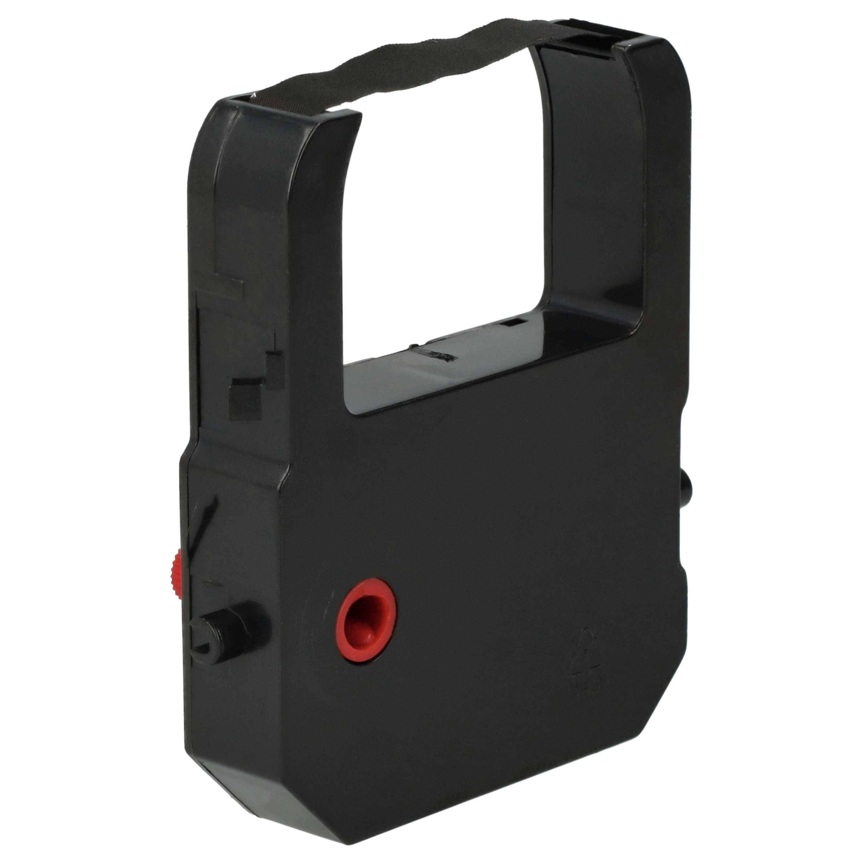 Eine schwarze Druckerbandpatrone mit rotem, kreisförmigem Knopf, vor weißem Hintergrund.