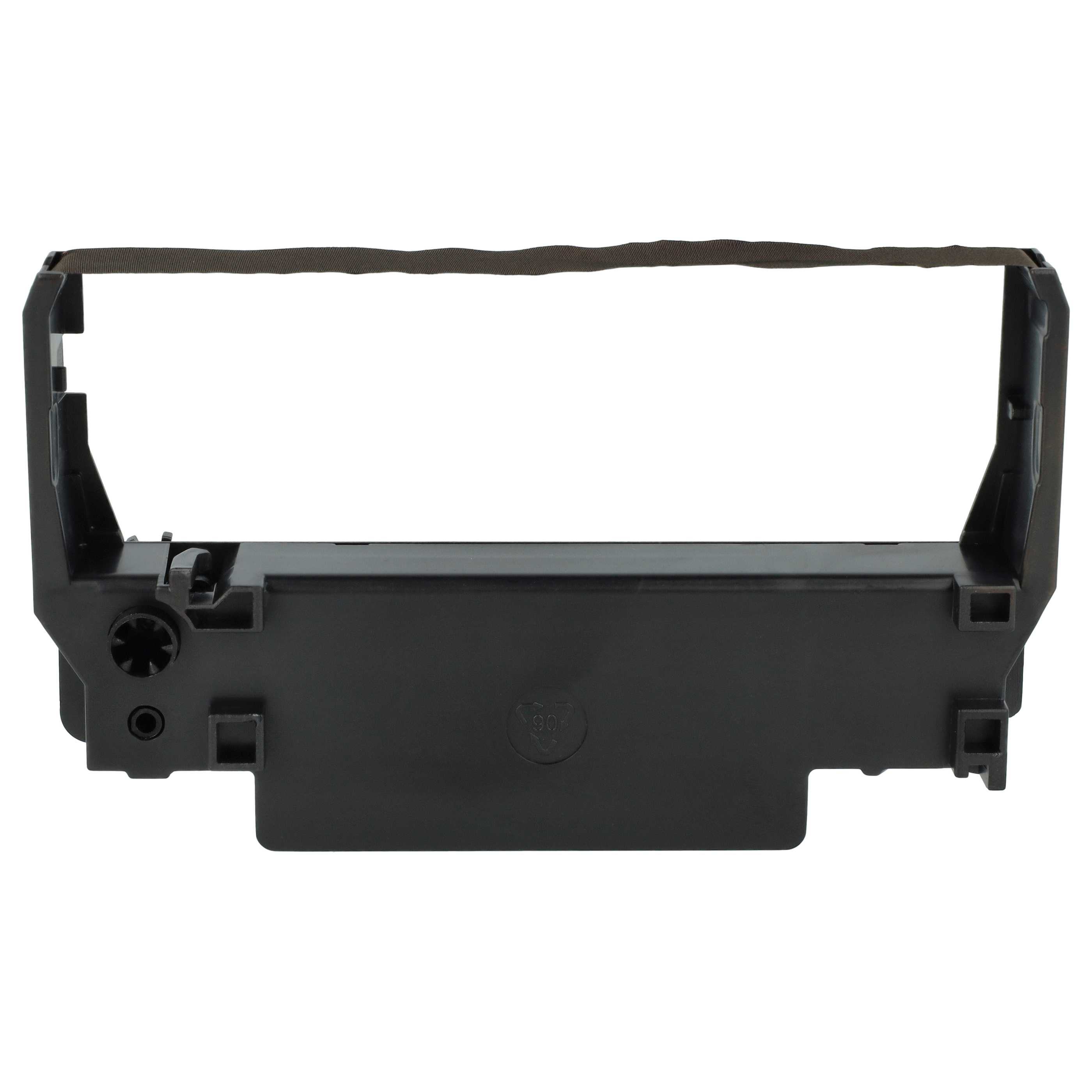 Eine schwarze Druckbandpatrone mit braunem Tintenband. Die Patrone ist rechteckig mit geometrischen Formen.