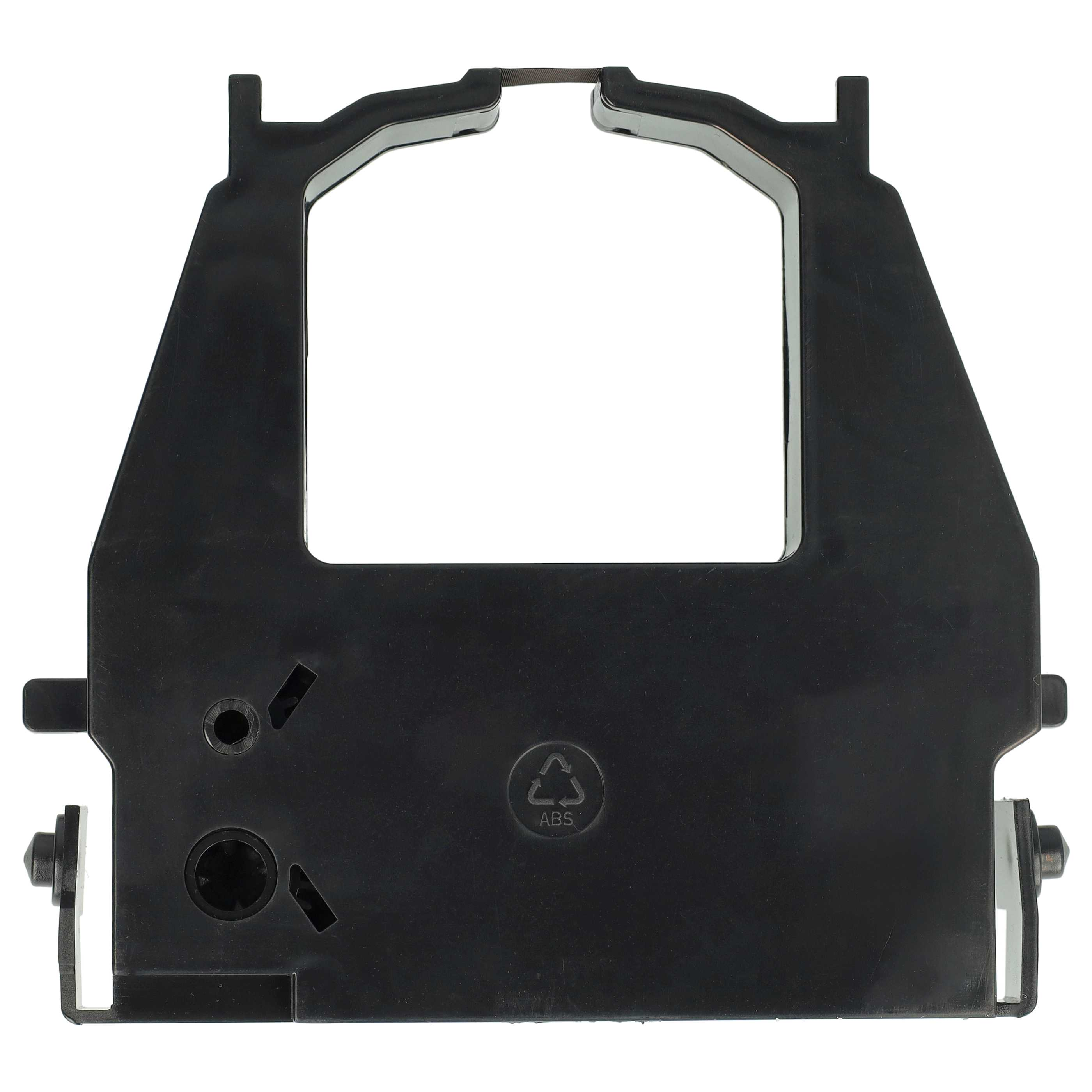 Eine schwarze Druckerbänderpatrone, Kunststoffgehäuse, mit einem Recyclingsymbol.
